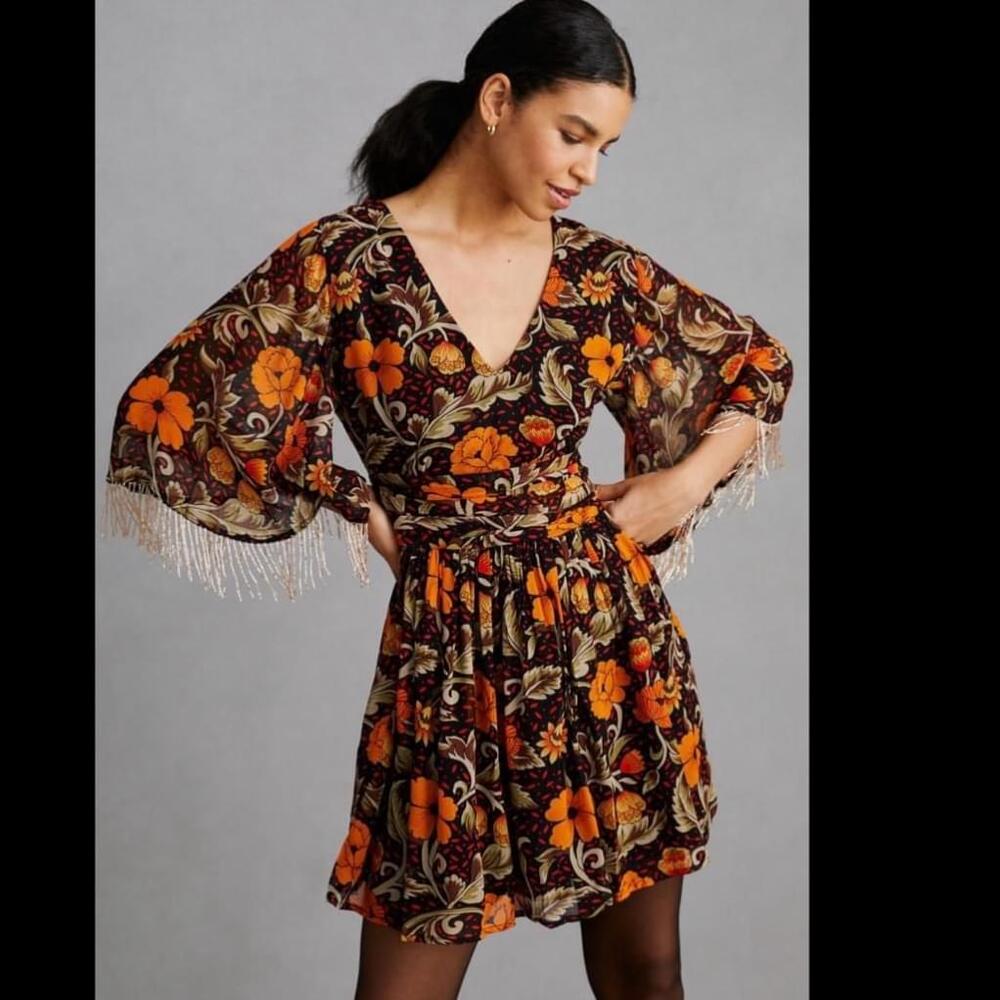 Verb by Pallavi Singhee Anthropologie Fringed FlowyMini Floral Dress Size XL